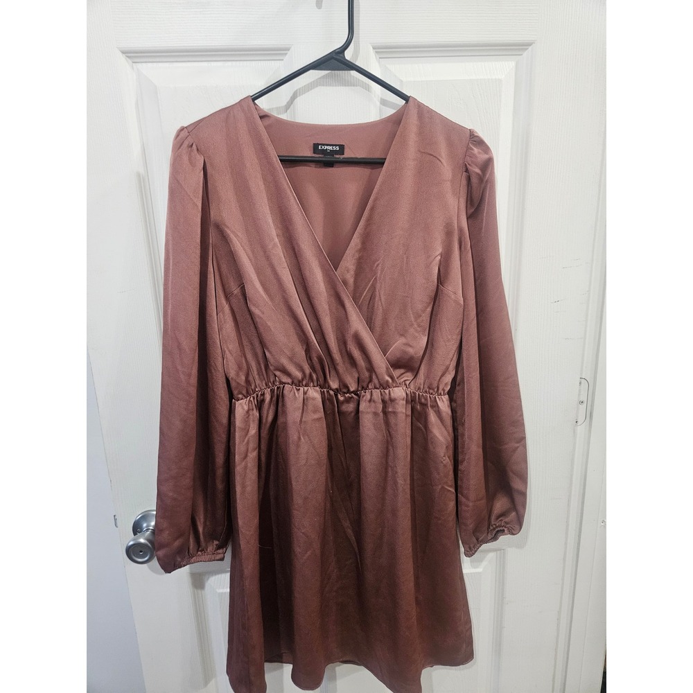 Express Womens Satin‎ Long Sleeve V-Neck Mini Dress Mauve Pink Size M
